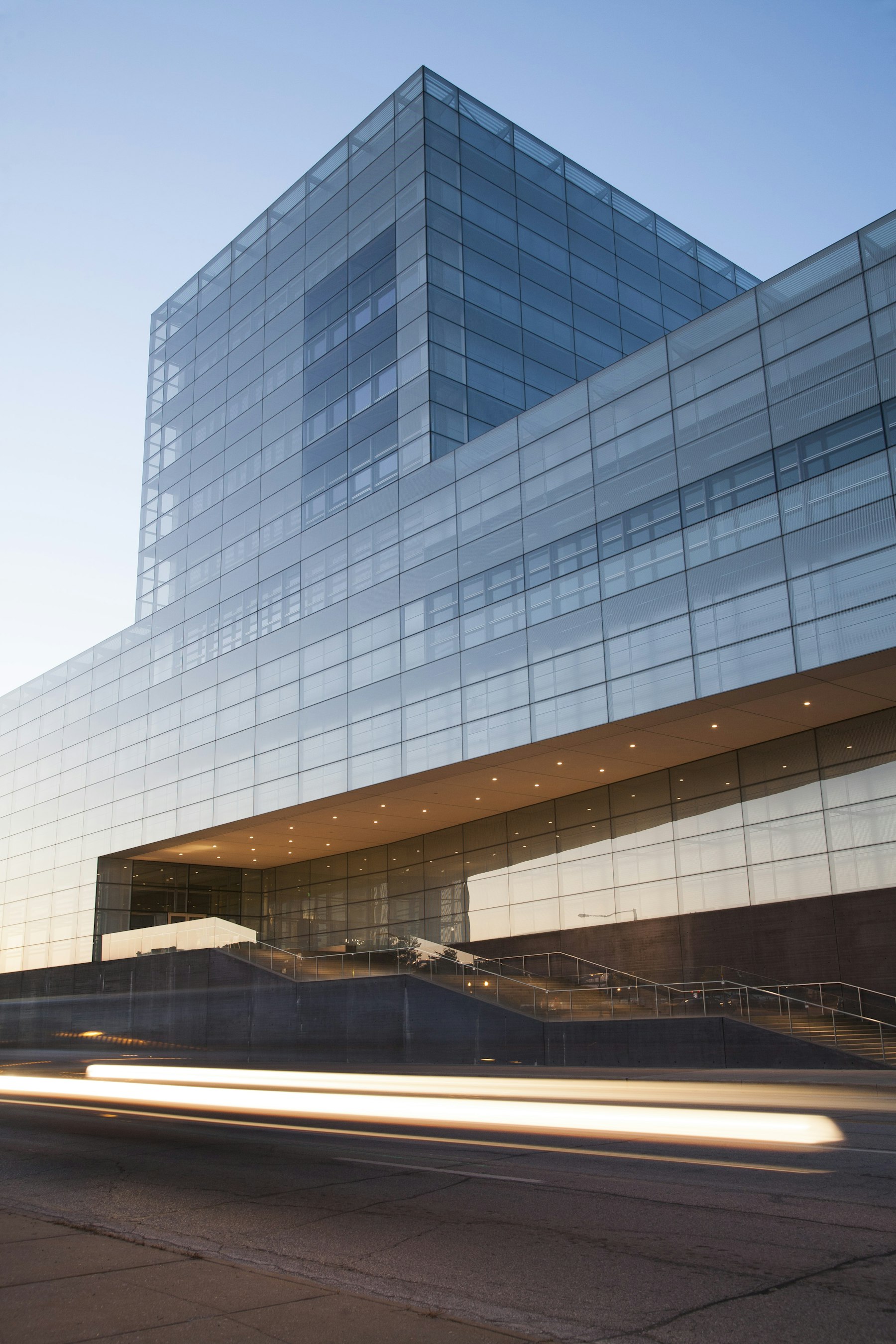 Modern glass building at dusk
